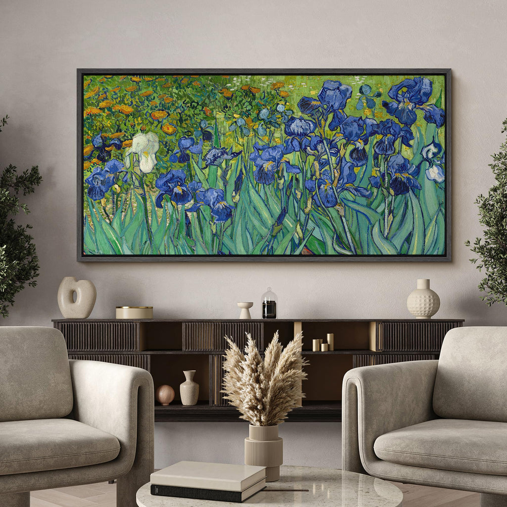 Extra Large Framed Canvas Print Wall Art Blue Irises Garden Van Gogh Inspired Floral Retro Fine Art Illustrations