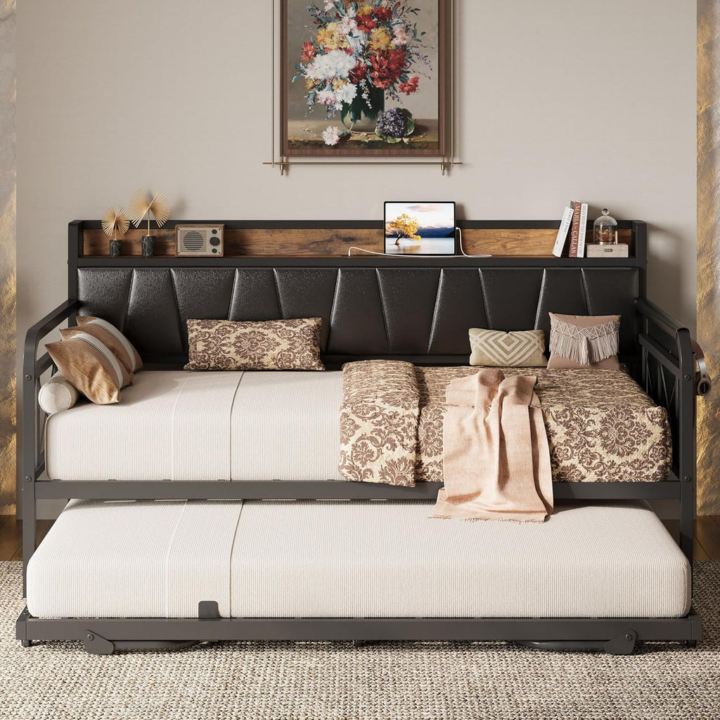 Twin XL Daybed, Day Bed Frame with Pop Up Trundle, Black | Pop Up Trundle Bed with Smooth Wheels, Charging Station