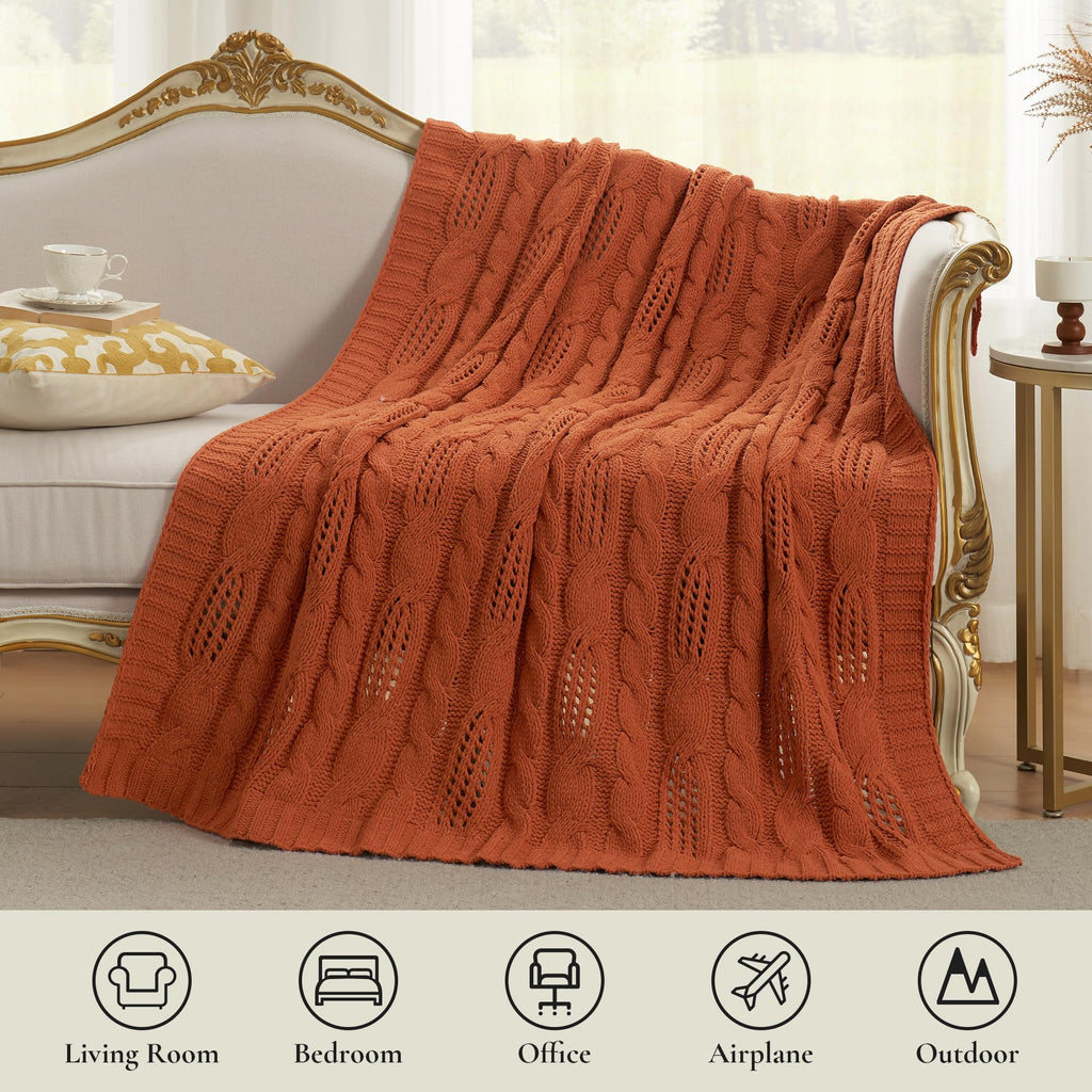 Chunky Knit Throw Blanket, Dual-Sided Soft Chenille Breathable Cable Knitted Blanket for Couch, Farmhouse Decorative