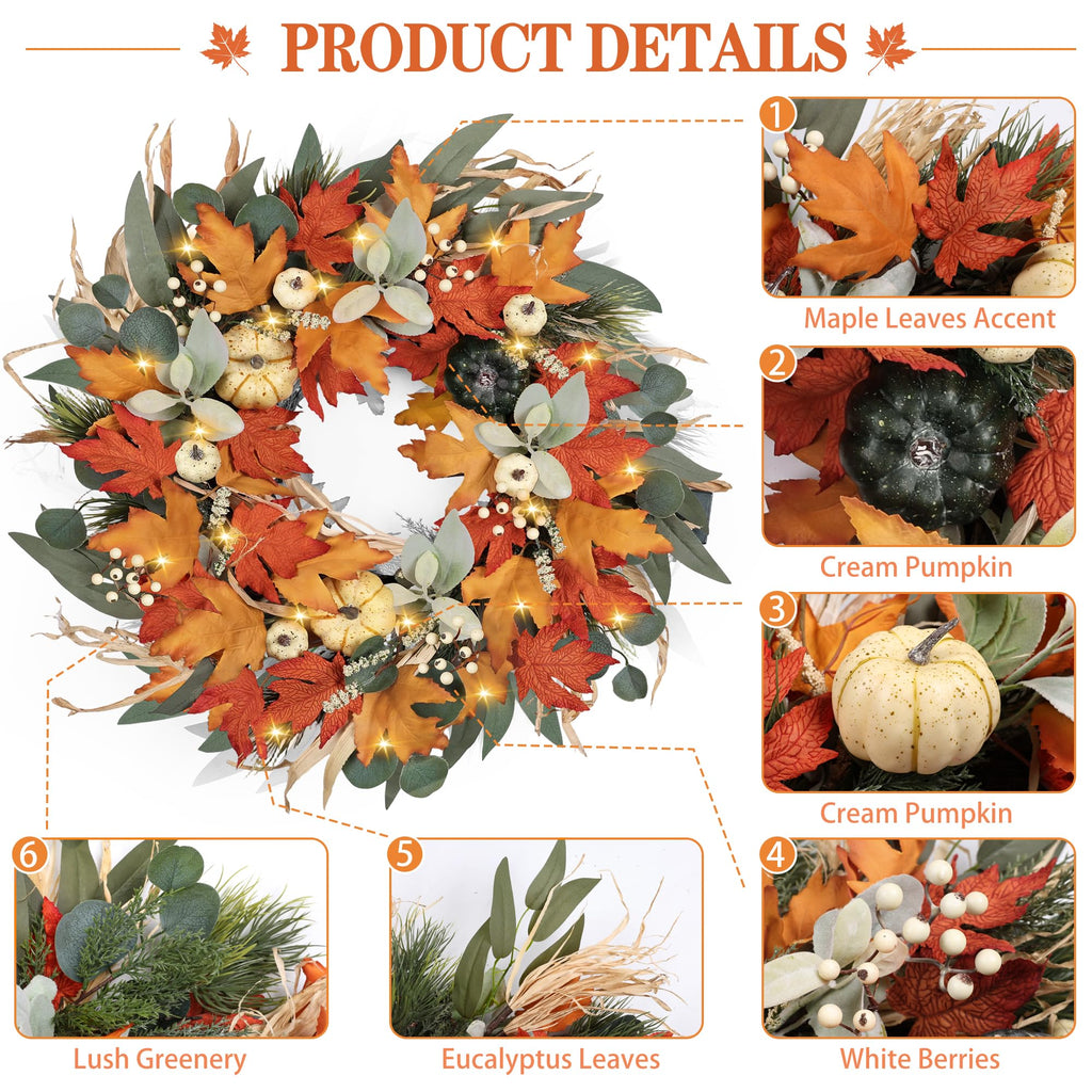 Realistic Fall Wreath with Lights/Timer 24 inch Fall Wreaths for Front Door with Pumpkins Autumn Wreath for
