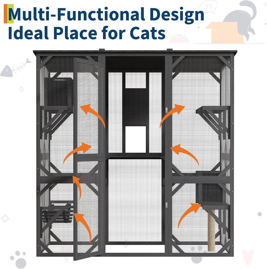 70" Outdoor Catio Cat Enclosure for Cats, Walk-in Wooden House with Roof