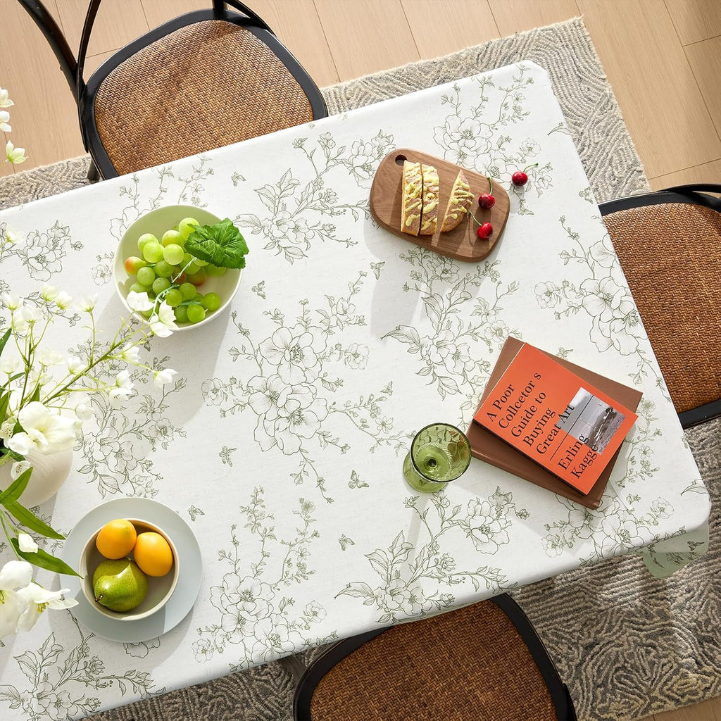 French Floral Tablecloths Rectangular Linen Table Cloth with Green Flowers Pattern Burlap Textured F