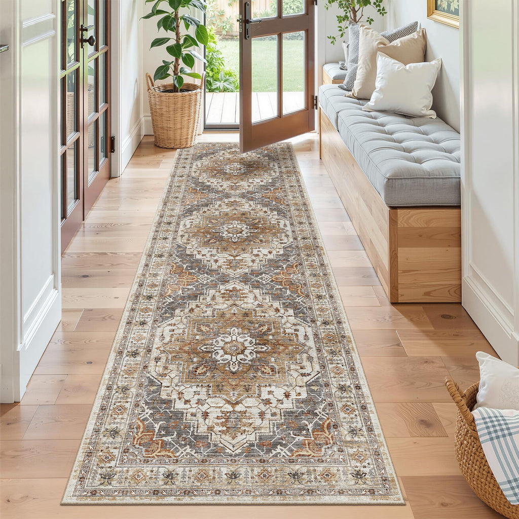 Kitchen Runner Rug 2x7 with Rubber Backing Non Slip, Turmeric/Grey