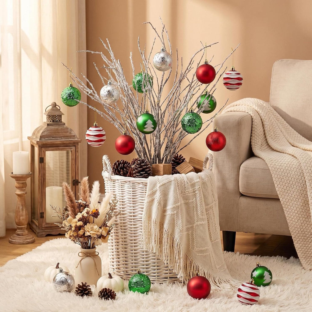 Shatterproof Red Green White Christmas Ornaments Tree Decorations - Set of 30