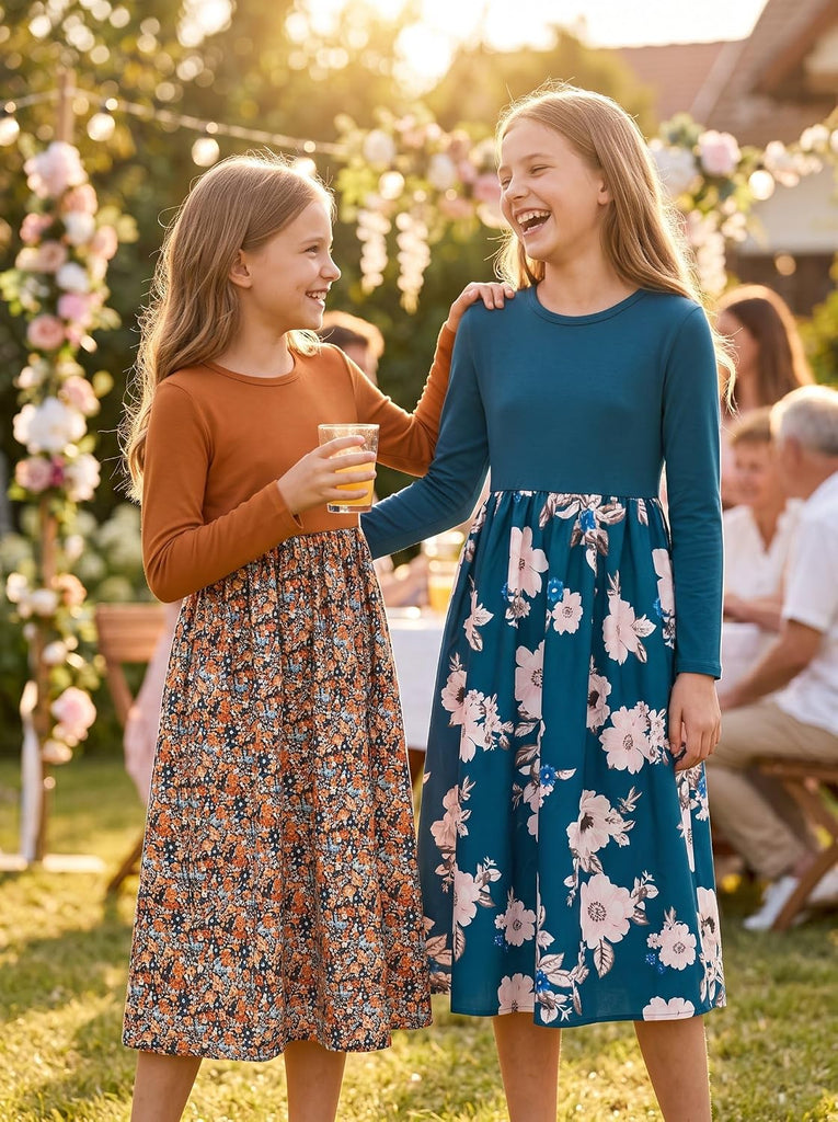 Floral Fall Midi Dresses for Tweens Pockets Party