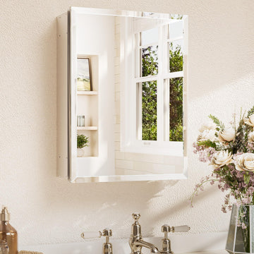 14 x 18 Medicine Cabinet with Tempered Beveled Mirror Silver Aluminum Cabinet DTC Hinges, Stepless Adjustable Shelf