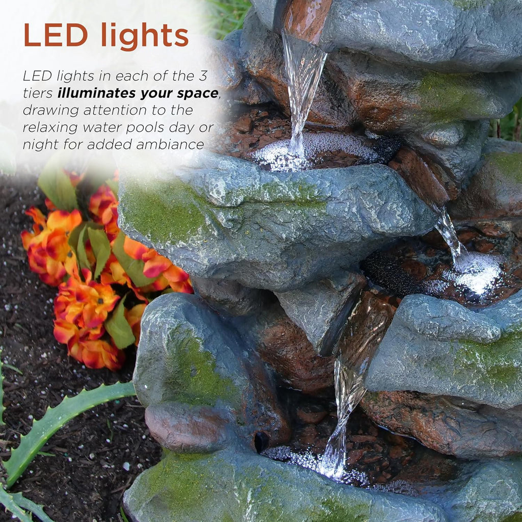 22" Tall 3-Tier Outdoor Rock Waterfall Fountain with LED Lights, Natural Stone Look Decor, Gray