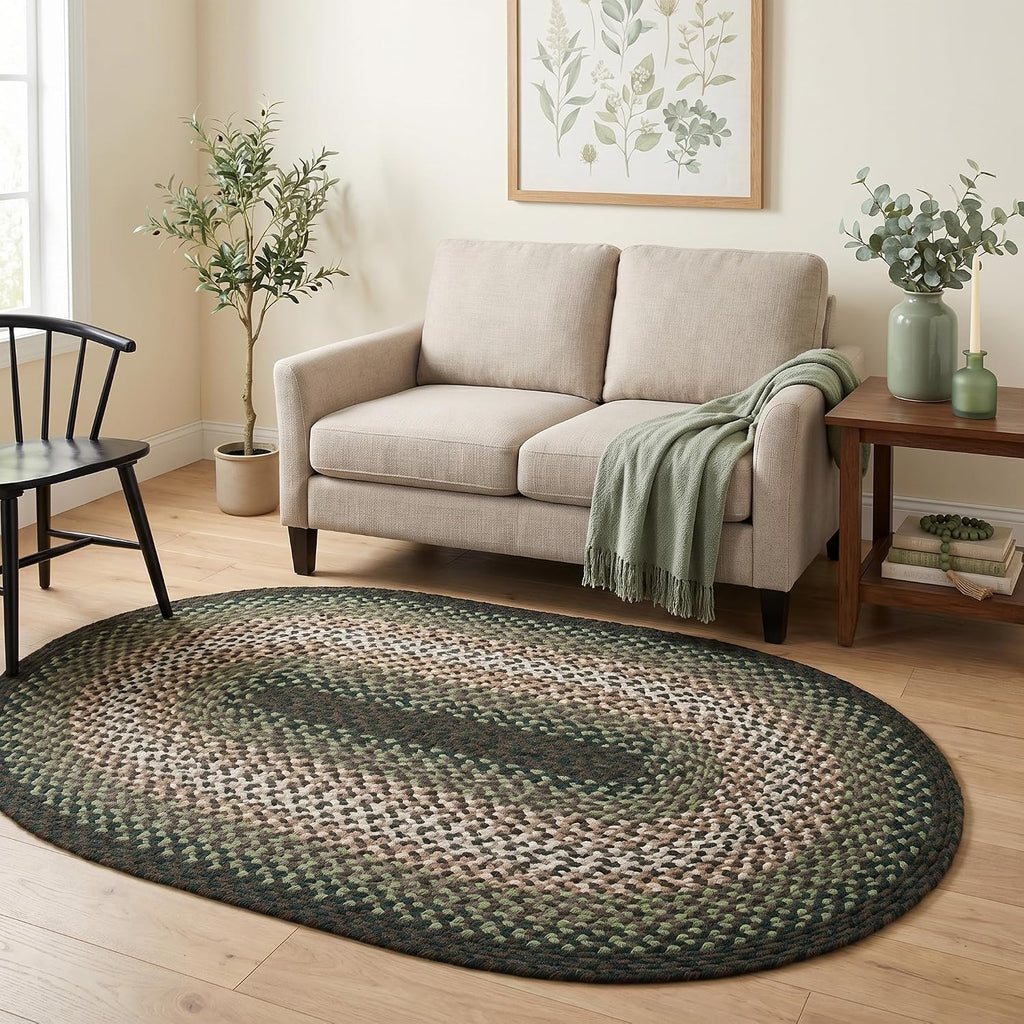 Oval 4' X 6' Green - Ivory Oval Braided Rug for Farmhouse Style Bedrooms and Living Rooms