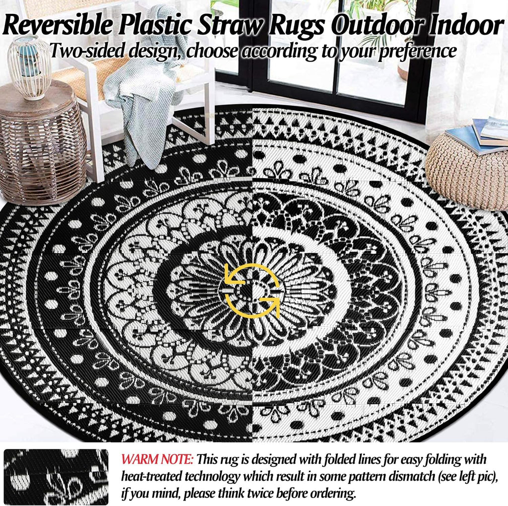 Round Outdoor Rugs 8Ft Waterproof Reversible Outdoor Patio Rugs Black Lightweight Plastic Straw Rugs Portable RV