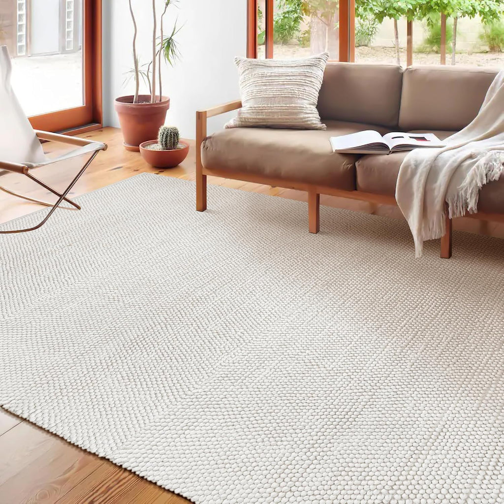 Handwoven Wool Cotton Blend Area Rug 4x6', Textured Popcorn Braided Ivory Rug, Soft Thick Farmhouse Contemporary