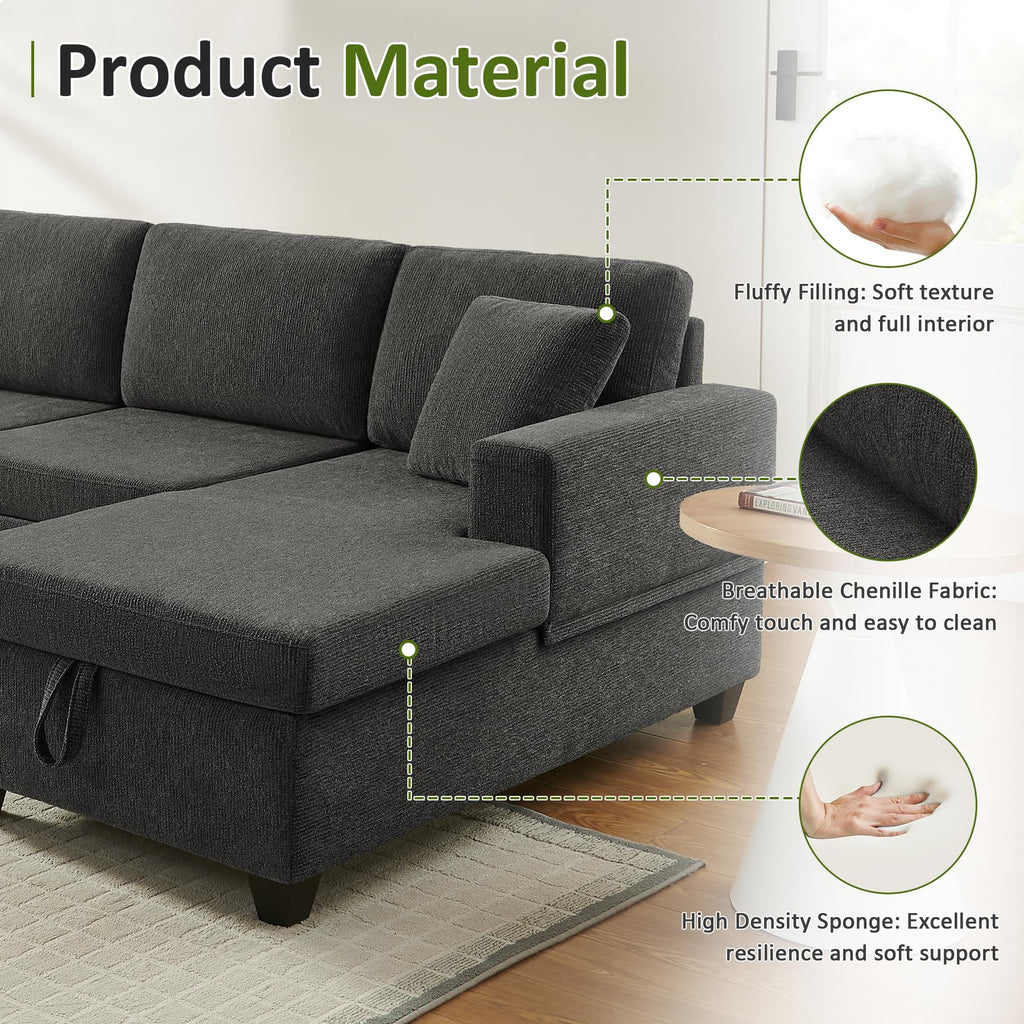 U-Shaped Sectional Sofa with Pull Out Bed & Storages, Dark Grey