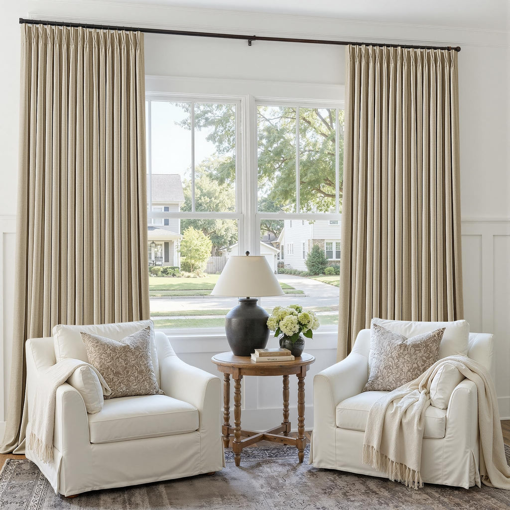 Oatmeal 120 Inch Blackout Pinch Pleated Curtains 2 Panel Set Darkening Thick Linen Textured 100% Black Out Soundproof