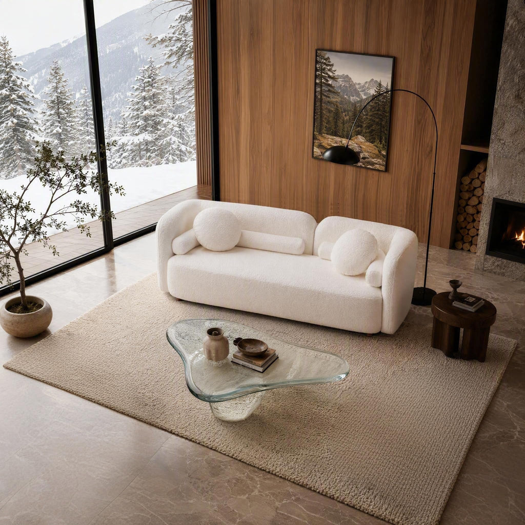 Japandi Minimalist Curved Sofa, 88.5", 3-Seater, Solid Wood, Bouclé, White
