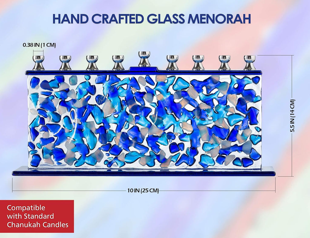 Blue & White Confetti Glass Chanukah - Handcrafted Painted Glass - Fits Standard Candles