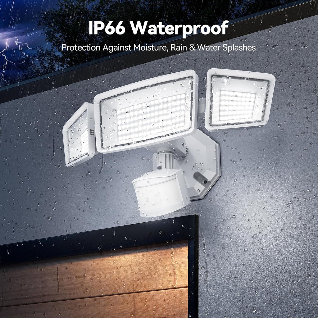 7500LM Motion Sensor Outdoor Lights, 150-LED 3-Head Security Light with Remote Control, 300°Wide Angle Flood Wall