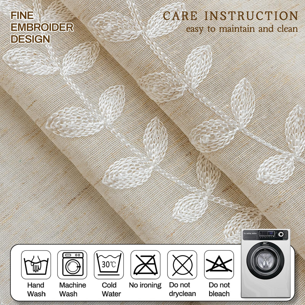 2 Panels Linen Leaf String Floral Embroidered Semi Sheer Curtain Farmhouse Voile Curtains Bedroom Window Treatment