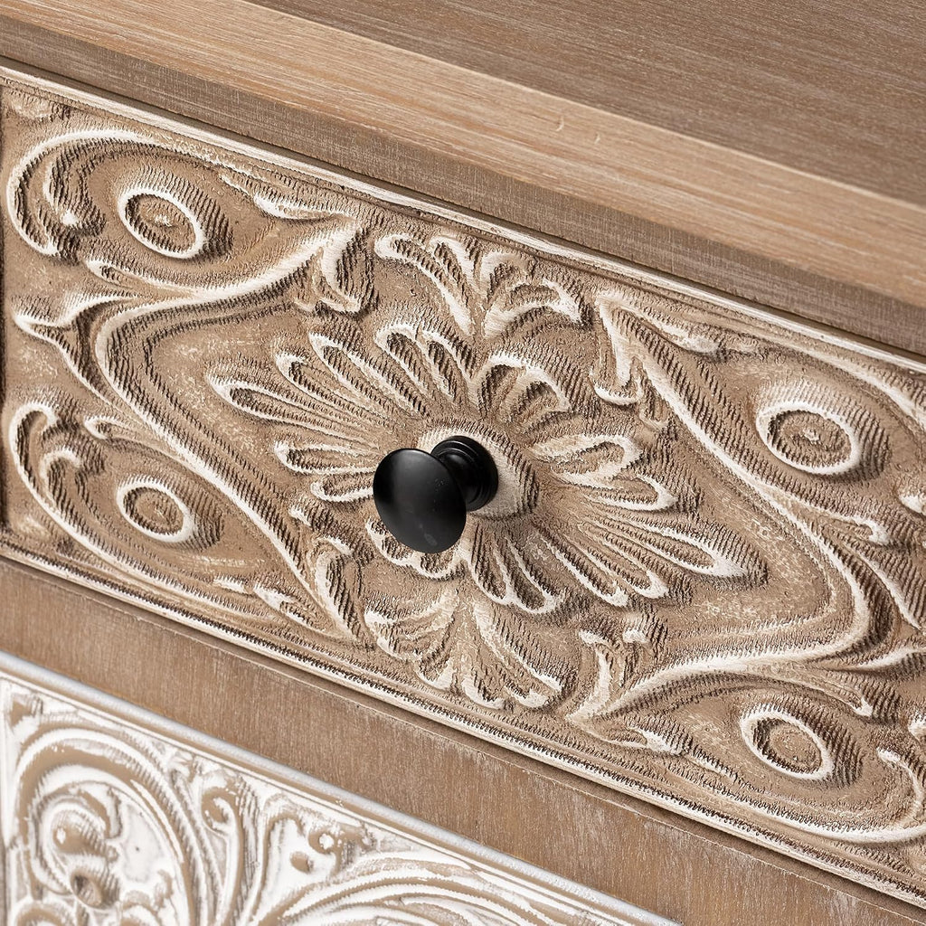 Vintage Accent Cabinet with 8 Hand-Carved Drawers, Boho Rustic Wood Storage Chest, Fully Assembled Distressed