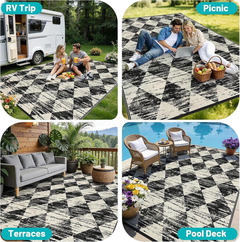 Outdoor Rug Waterproof, Checkered Reversible Plastic Patio Rug