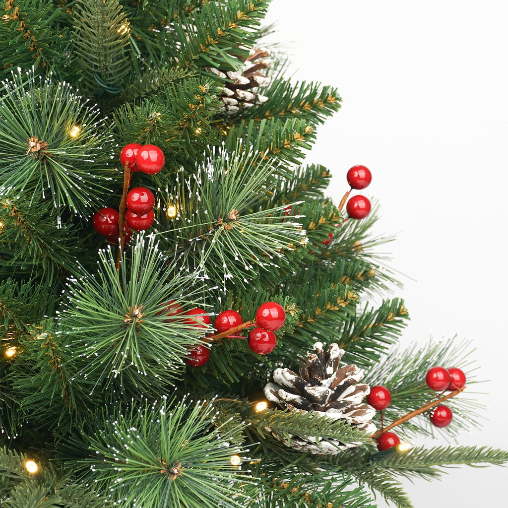 2Ft Pre-Lit Artificial Christmas Tree Tabletop with Battery Operated 50 Warm LED Red Berries Pine Cone Pine Needle