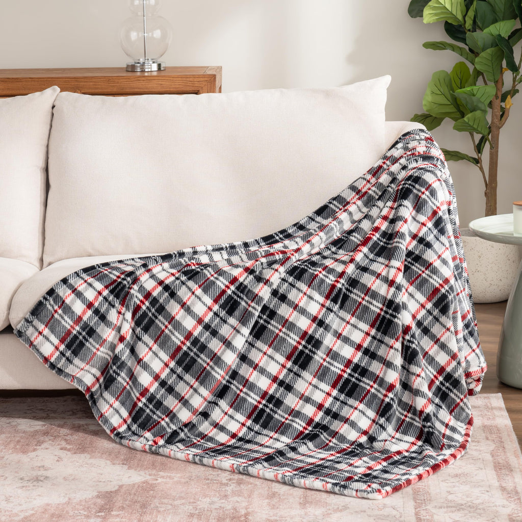 Classic Heavyweight Soft Printed VelvetLoft Plush Throw Blanket, Cozy and Fuzzy, Plaid Black Red, 50in x 70in