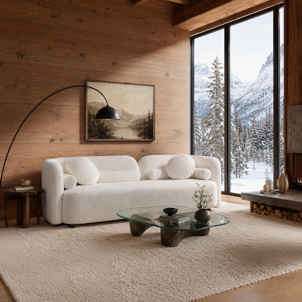 Japandi Minimalist Curved Sofa, 88.5", 3-Seater, Solid Wood, Bouclé, White
