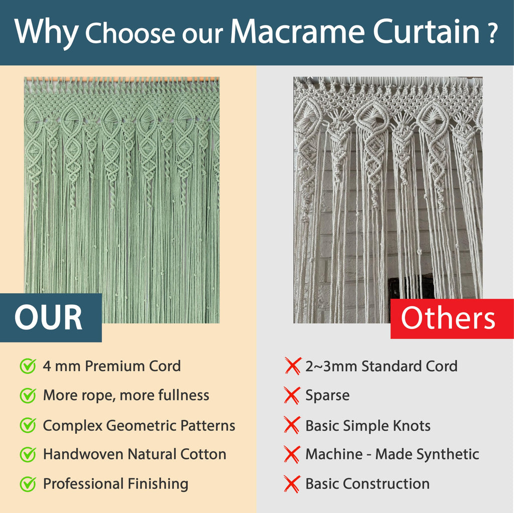 Premium 4mm Thick Extra Dense Macrame Door Curtain - Handcrafted Sage Green Boho Bohemian Curtain for Doorways - No