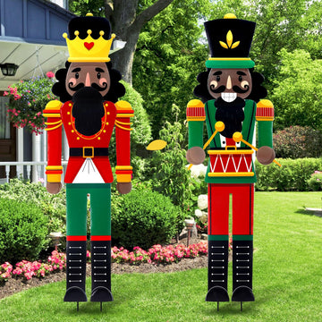 2 Pcs Large Metal Christmas Nutcracker Yard Sign with Stakes 45 Inch Xmas Yard Outdoor Decoration Christmas