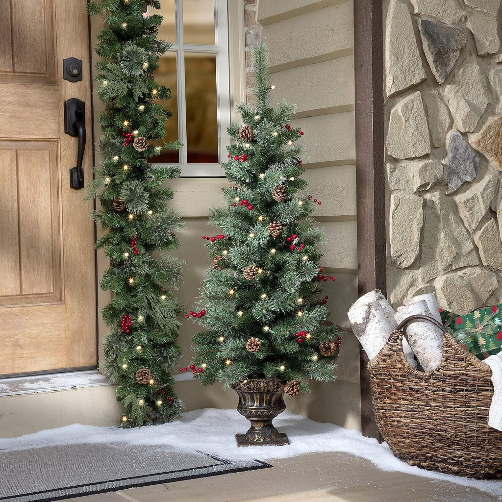 4 Foot Tall Pre-lit Carolina Potted Christmas Tree for Front Porch with 80 Soft White LED Lights on Auto Timer