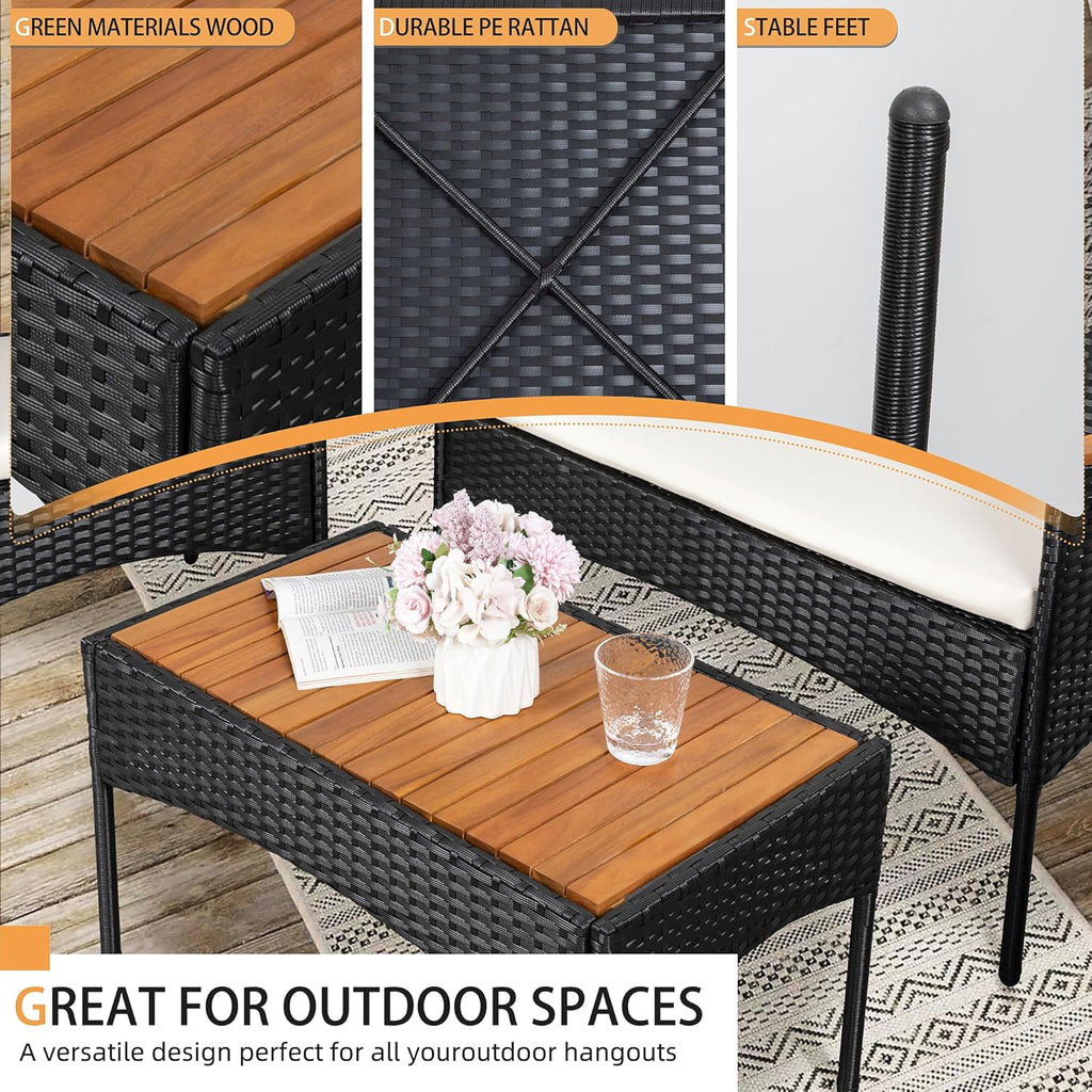 4-Piece Patio Furniture Set, Outdoor Wicker Patio Conversation Furniture Set with Cushions and Wooden Tabletop for