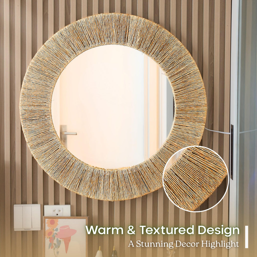 24 inch Natural Jute Round Wall Mirror, Boho Decor Wall Mirror
