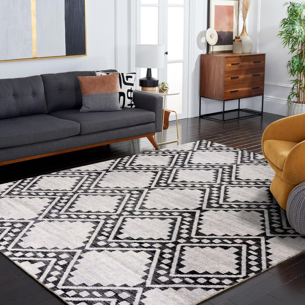 Area Rug - Tulum Collection - Large - Ivory & Black, Moroccan Boho Tribal Diamond Design, Non-Shedding & Easy to