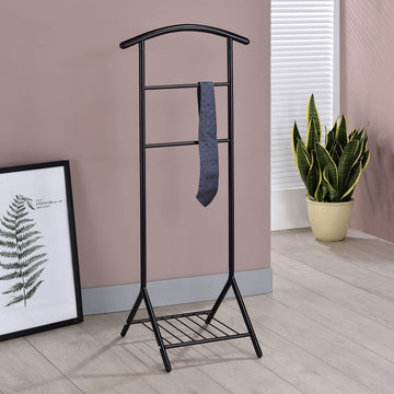 Metal Suit Valet Stand with Shoe Shelf & Hanger, Black