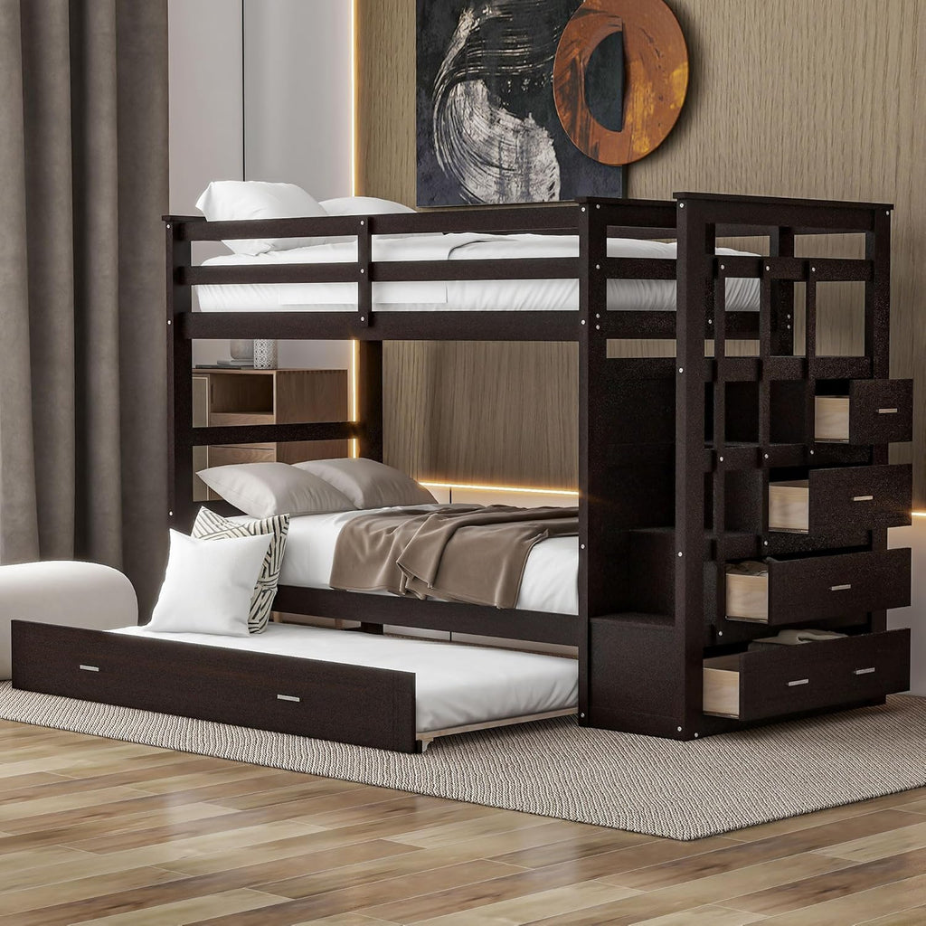 Twin Over Twin Bunk Bed with Stairs and Trundle, Wooden Bunk Bed Frame with Storage Staircase, Espresso