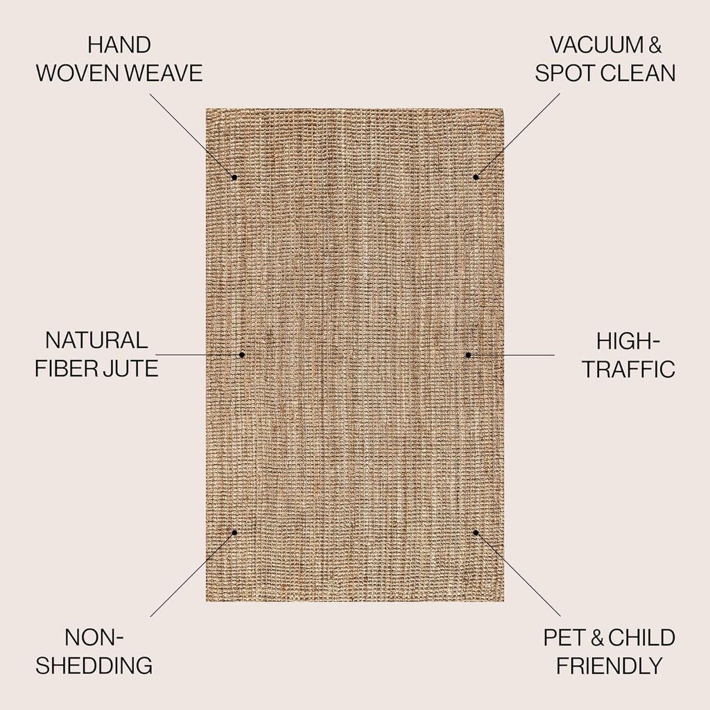 Pata Hand Woven Chunky Jute Natural Area Rug, 9x12, Bohemian, Rustic, Cottage, Easy-Cleaning