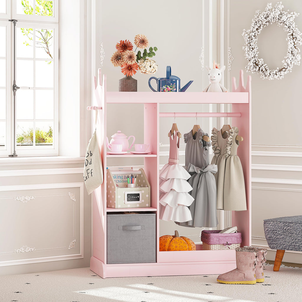 Kids Armoire Wardrobe Closet with Mirror and Storage Bin, Pink, 33.4 in W x 15.75 in D x 44.5 in H