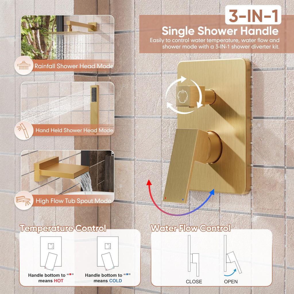 Brushed Gold Shower System, Gold Shower Faucet Set with Tub Spout