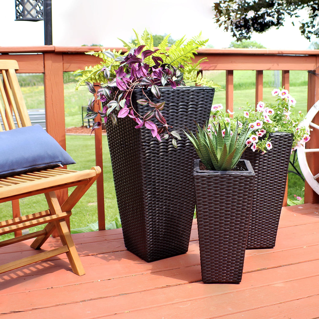 Square Tall Wicker Outdoor Planter, Black, 3pk