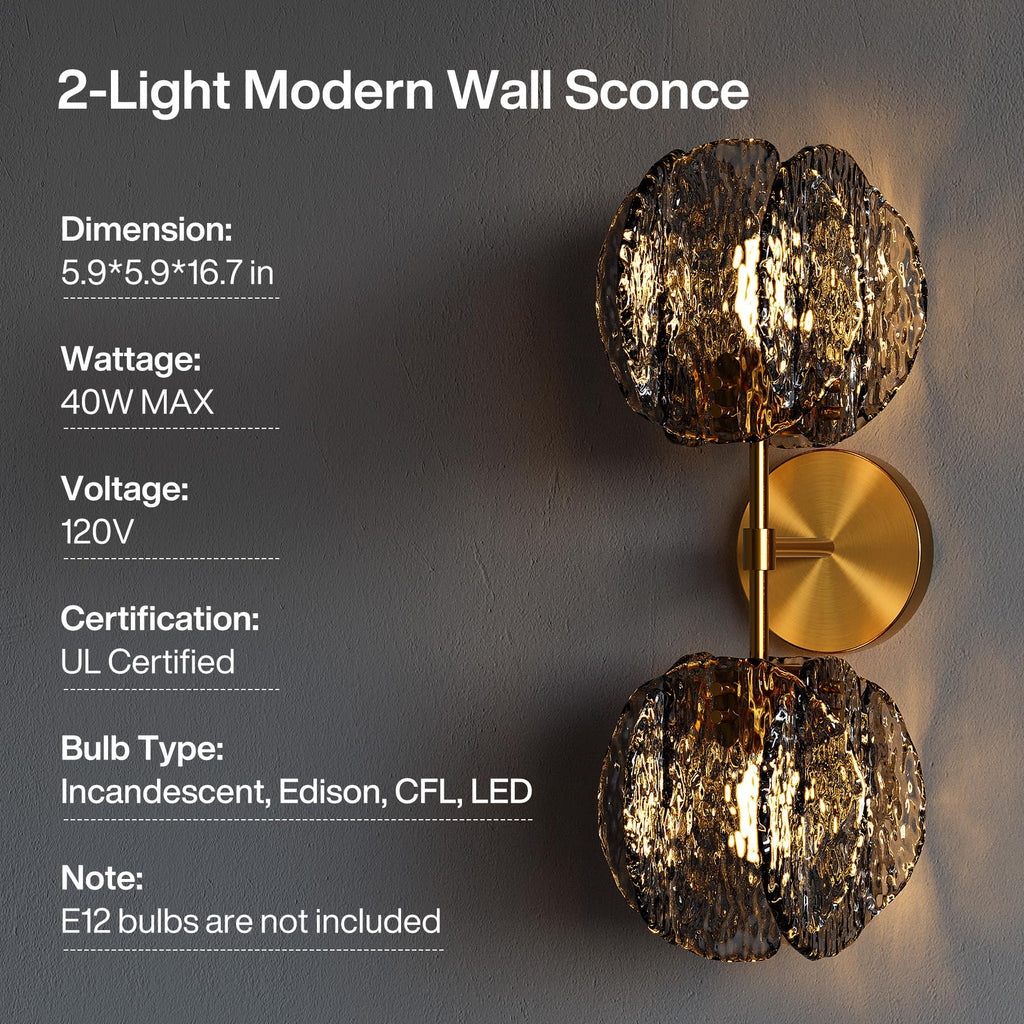 Crystal Gold Wall Sconce,Brass Modern Double Light Wall Sconce with Textured Smoke Glass Shade,Luxury