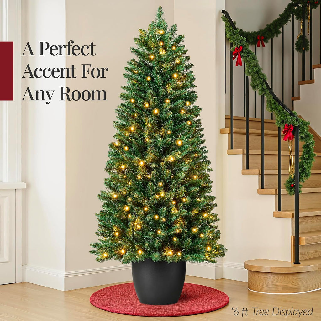 Prelit Potted Pencil Christmas Tree, 4.5Ft Artificial Lighted Holiday Décor, 175 Twinkling LEDs , Front Porch