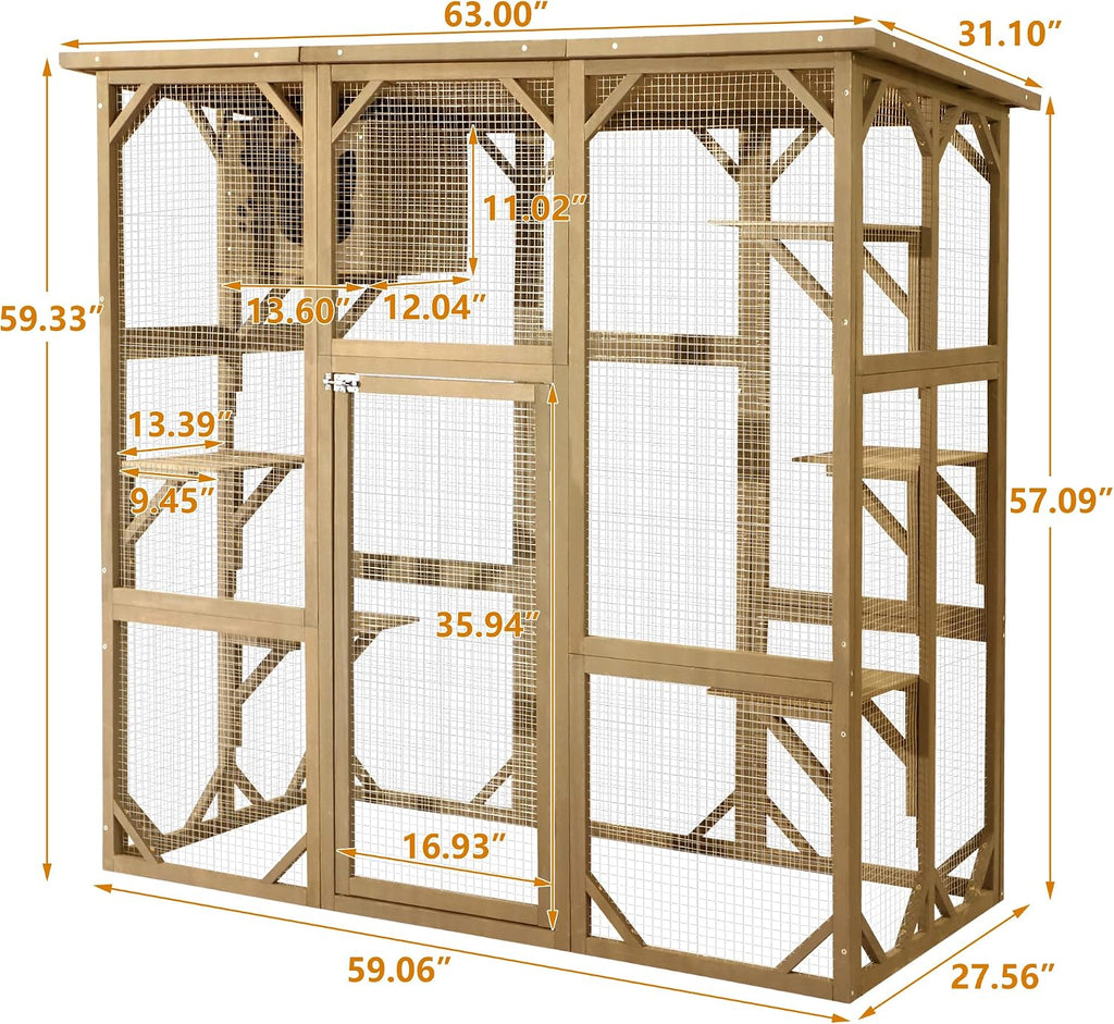 Cat Enclosure Large Outdoor Catio Wooden Cat House with Weatherproof, Cat Cage Condo Indoor Playpen with Platform