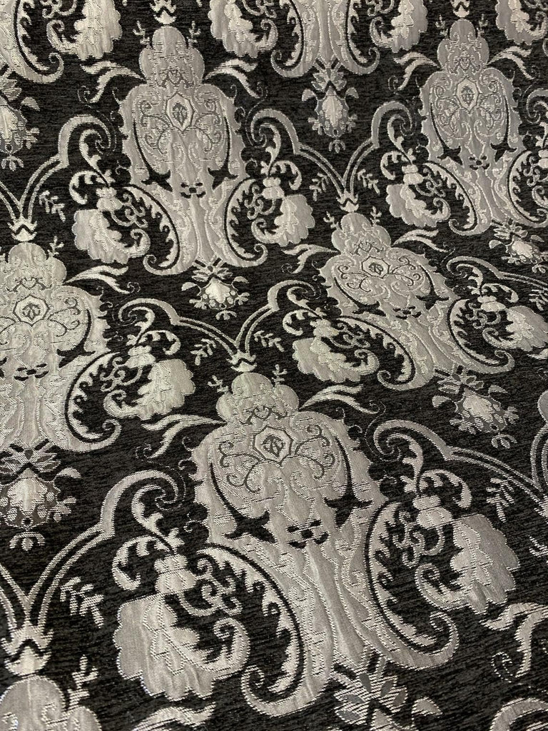 Damask, Chenille, Upholstery, Drapery Fabric, Sold By the Yard 58" Wide (Silver/Black)