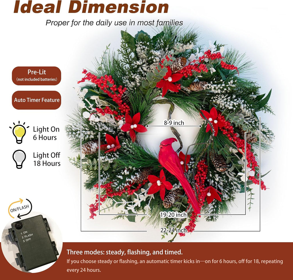 Christmas Wreath with Lights, 24 Inch Lighted Christmas Wreaths for Front Door with Pine Needles and Berries, Large