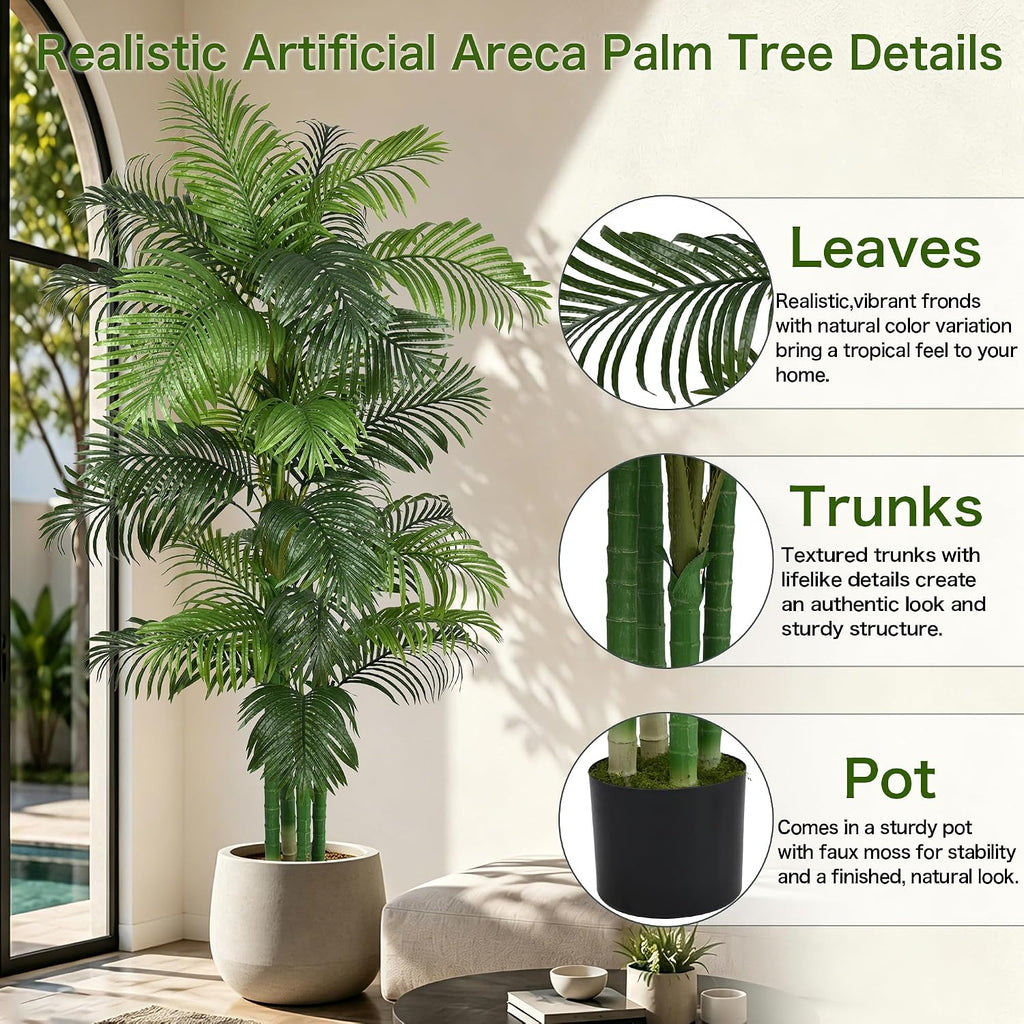 8FT Artificial Palm Tree, Tall Faux Tropical Floor Plant Indoor with Realistic Palm Leaves Fake Areca Trees with Pot