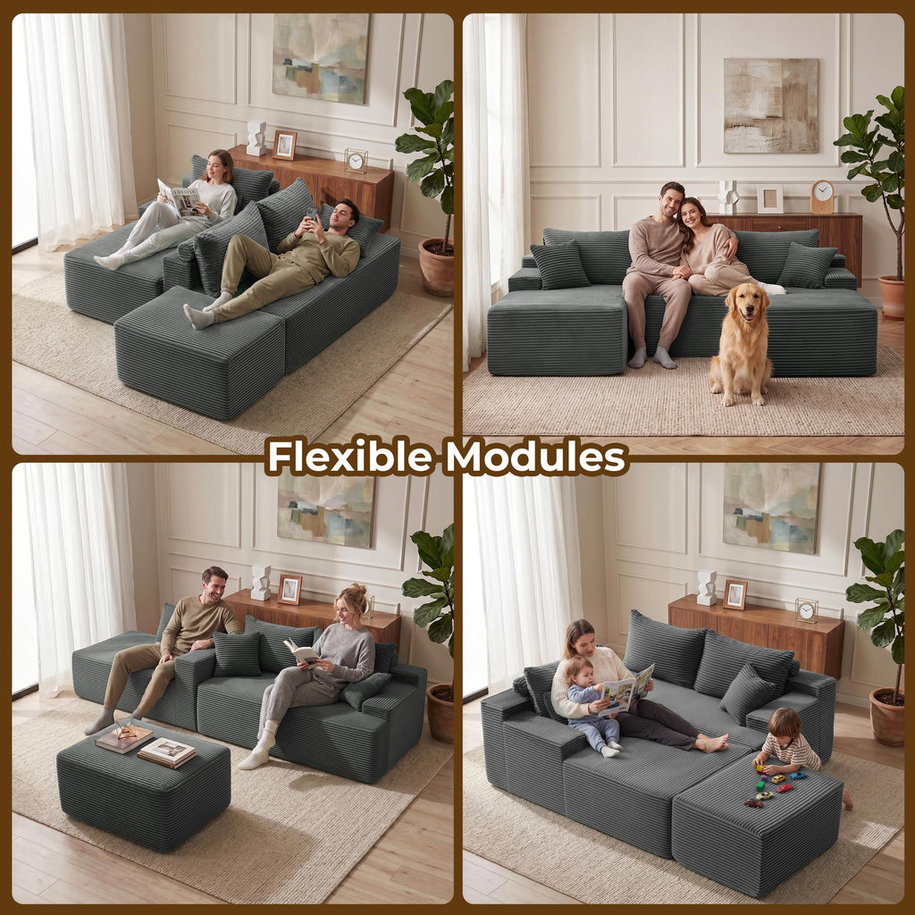Boneless Sectional Couch, U Shaped Couches, Gray