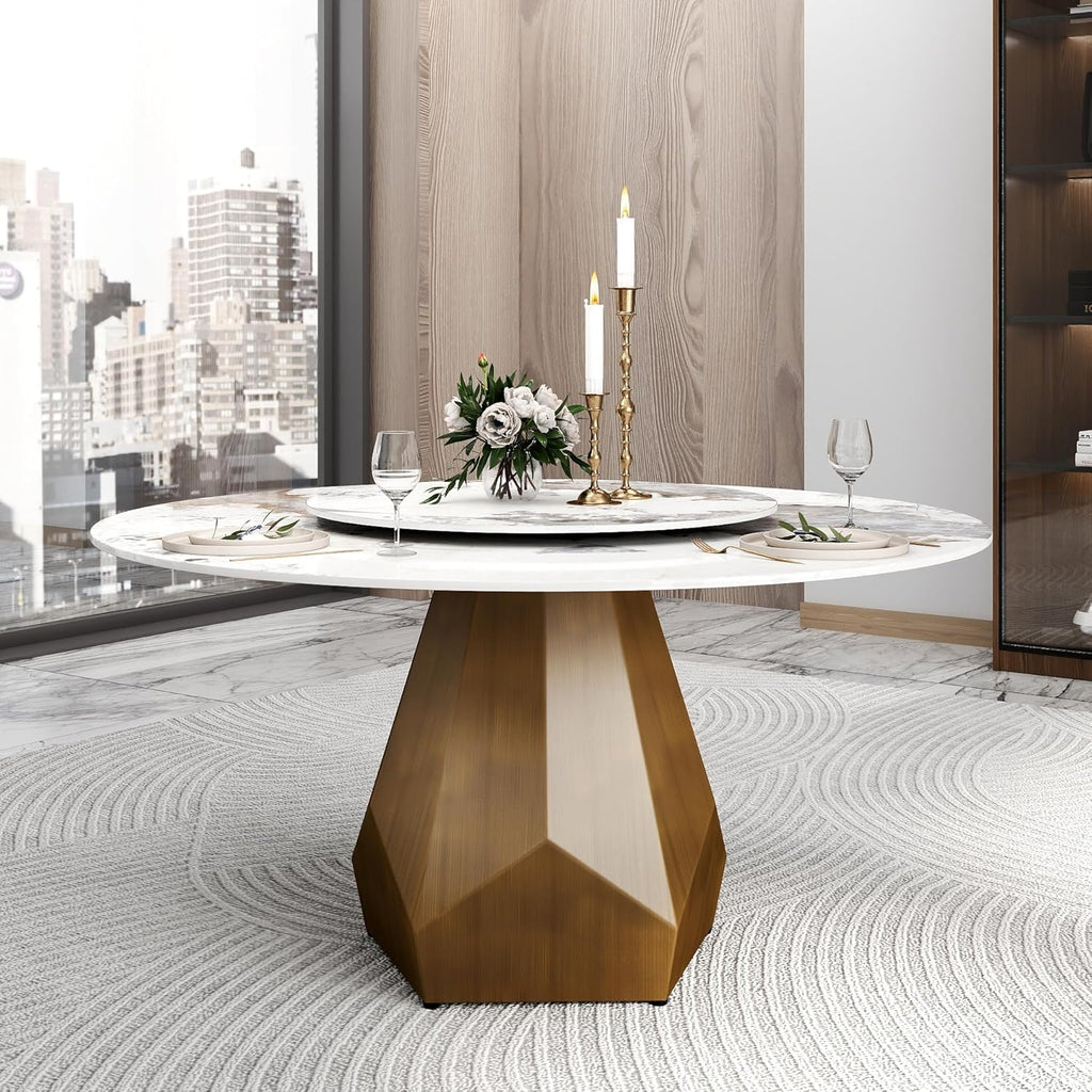 59" Modern Artificial Marble Round Dining Table with Antique Brass Metal Base & 31.5" White Sintered Stone Turntable