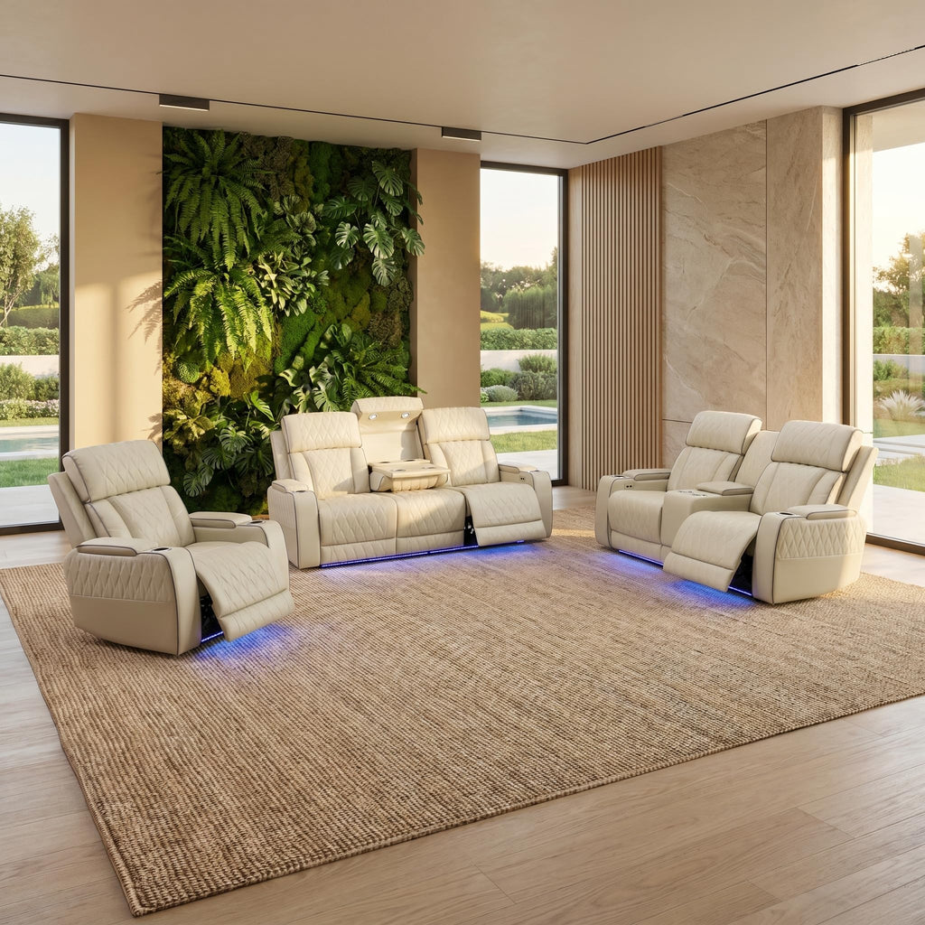 3-Piece Power Recliner Set with LED Lights, Quilted Air Leather Recliner Sofa with USB Port/Storage/Cup Holder/Reader