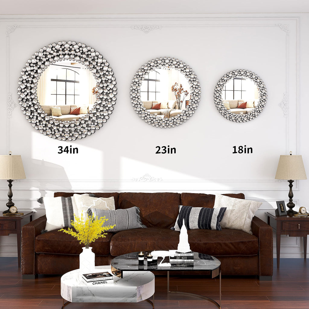 18" Round Mirrors for Wall Decor, Crystal Decorative Mirrors