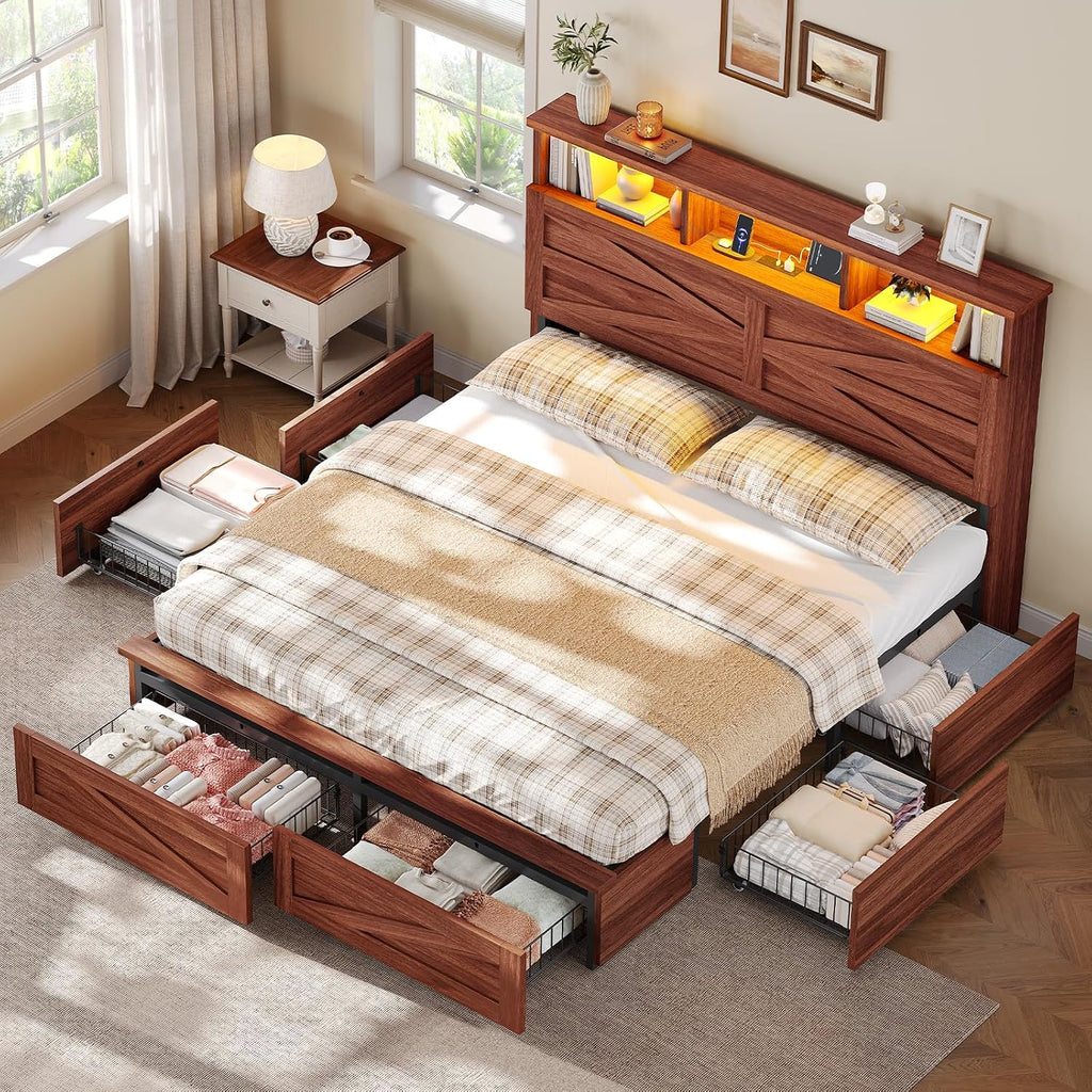 Queen Bed Frame with 6 Drawers, Farmhouse Bed Frame with Barn Door Headboard and Storage, Wood Platform Bed Frame
