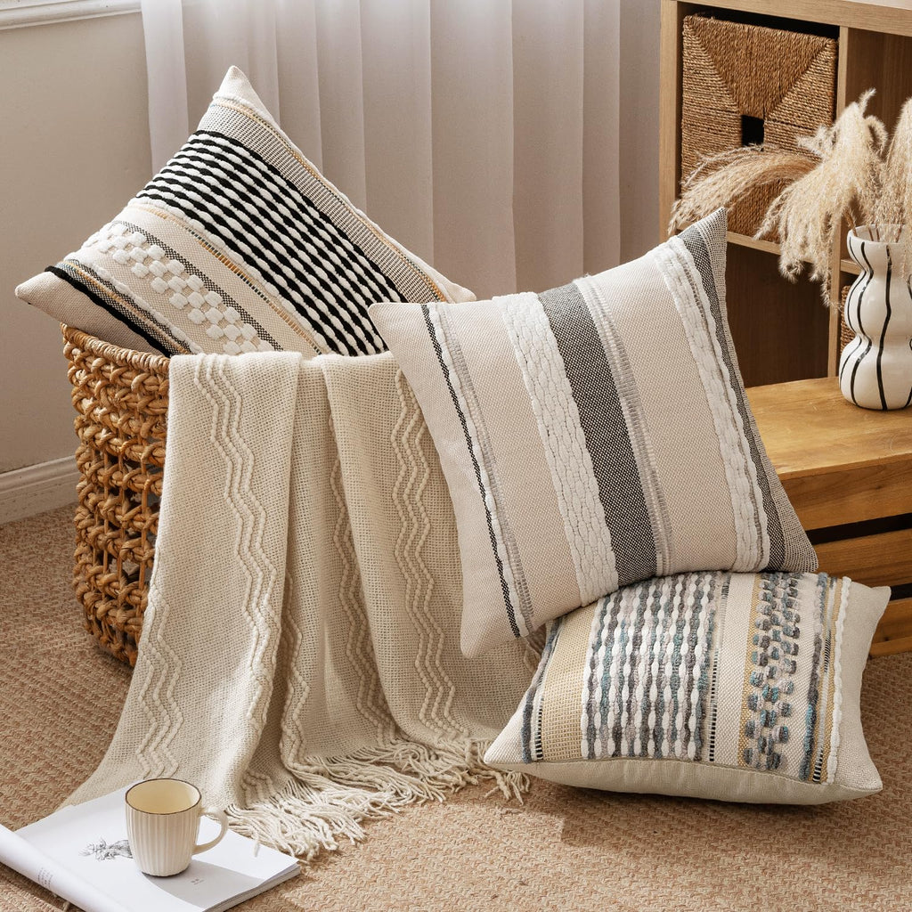 Boho Decorative Pillow Covers Gray Blue Stripe 26x26 Inch Pack of 2