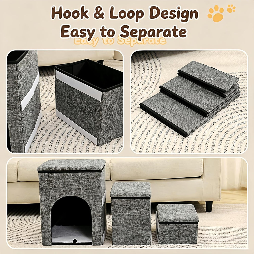 Foldable 3-Step Pet Stairs with Storage & Cat House, Non-Slip Dog Steps Ramp, Sturdy Pet Ladder for Couch, Bed, Ideal
